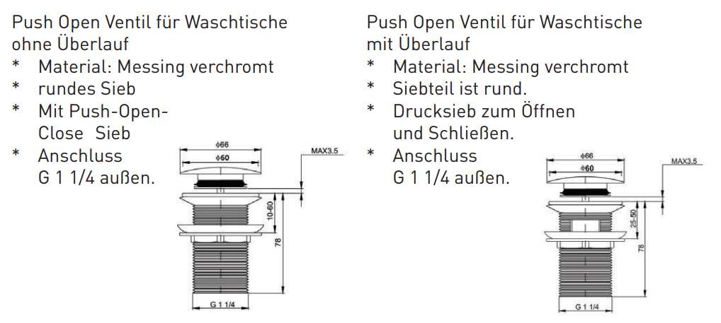 Keramische Ventilabdeckung inkl. BOCCHI Logo mit Push Open Ventil