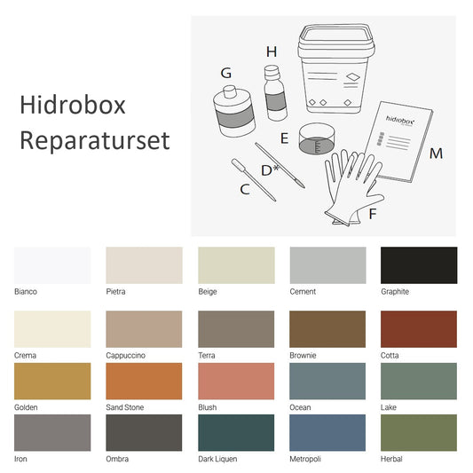 Hidrobox Reparaturset – Inhalt und Farbübersicht